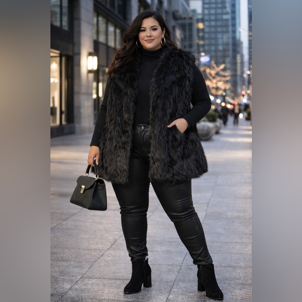 Antthony Black Long-Hair Faux Fur Sleeveless Vest — Size 3X